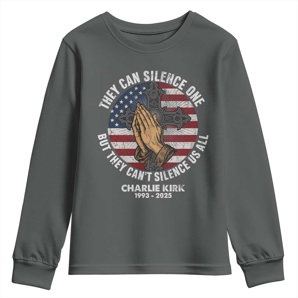 Charlie Kirk Memorial Youth Sweatshirt They Can Silence One But They Cant Silence Us All TS11 Dark Heather Print Your Wear