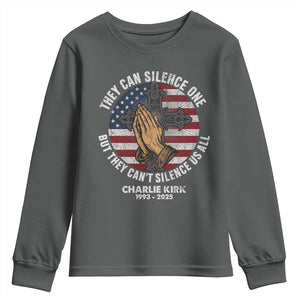Charlie Kirk Memorial Youth Sweatshirt They Can Silence One But They Cant Silence Us All TS11 Dark Heather Print Your Wear