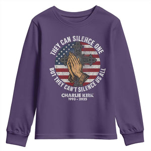 Charlie Kirk Memorial Youth Sweatshirt They Can Silence One But They Cant Silence Us All TS11 Purple Print Your Wear