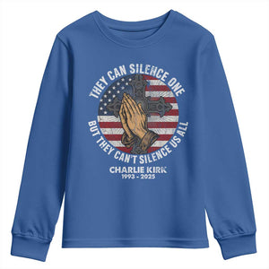 Charlie Kirk Memorial Youth Sweatshirt They Can Silence One But They Cant Silence Us All TS11 Royal Blue Print Your Wear