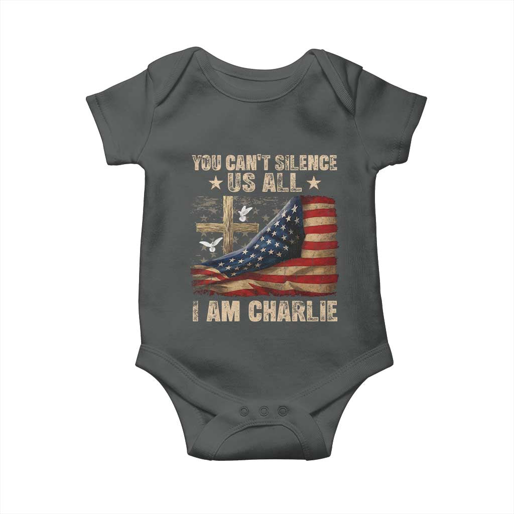 I Am Charlie Kirk Baby Onesie You Cant Silence Us All Vintage American Flag TS11 Dark Heather Print Your Wear