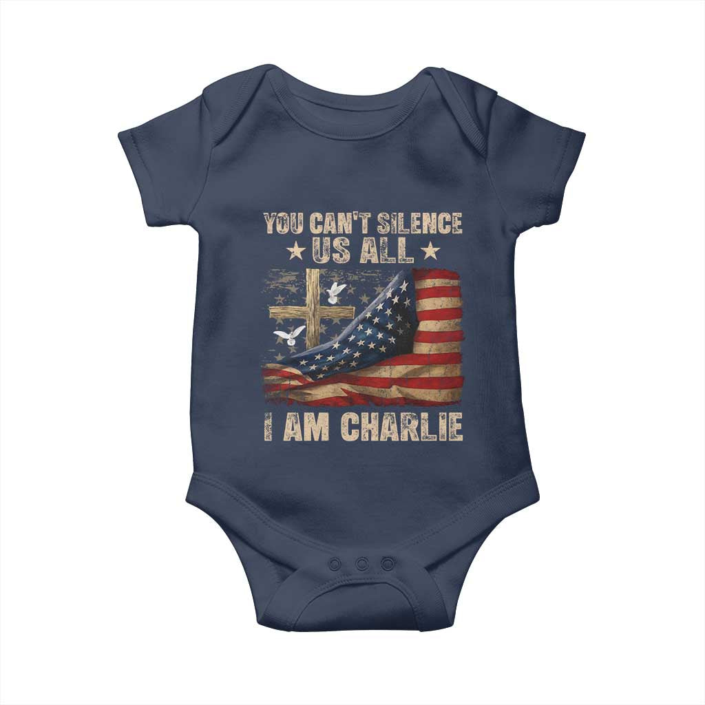 I Am Charlie Kirk Baby Onesie You Cant Silence Us All Vintage American Flag TS11 Navy Print Your Wear