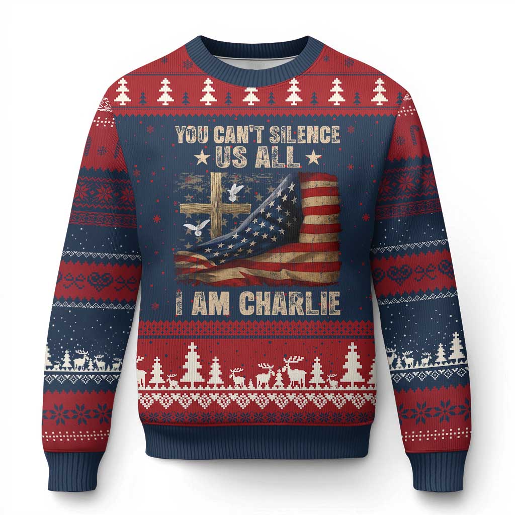 I Am Charlie Kirk Ugly Christmas Sweater You Cant Silence Us All Vintage American Flag TS11 Navy Red Print Your Wear
