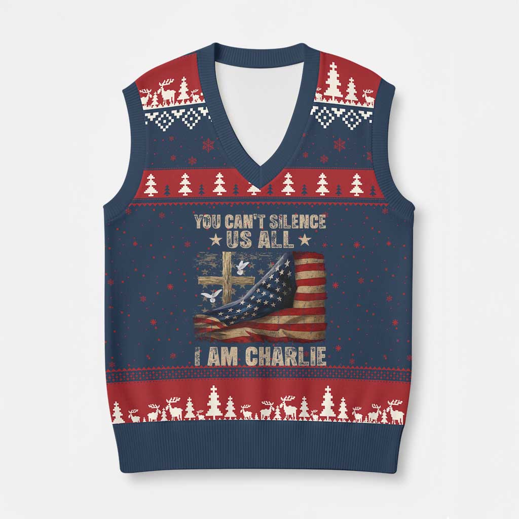 I Am Charlie Kirk V-Neck Knit Sweater Vest You Cant Silence Us All Vintage American Flag TS11 Navy Red Print Your Wear