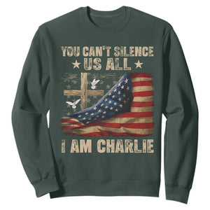 I Am Charlie Kirk Sweatshirt You Cant Silence Us All Vintage American Flag TS11 Dark Forest Green Print Your Wear