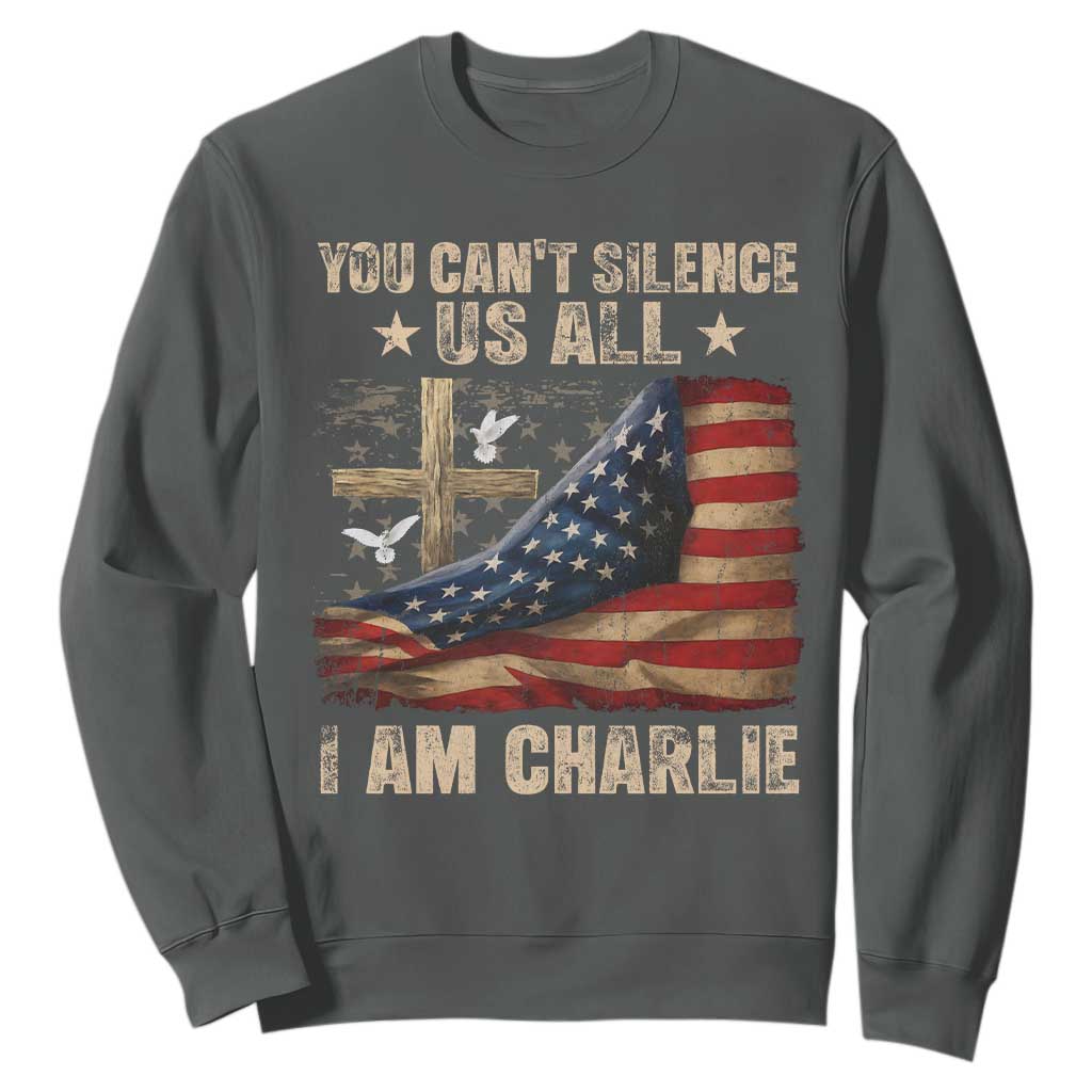 I Am Charlie Kirk Sweatshirt You Cant Silence Us All Vintage American Flag TS11 Dark Heather Print Your Wear