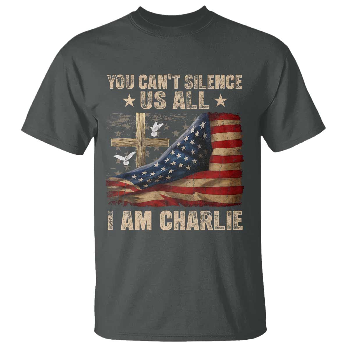 I Am Charlie Kirk T Shirt You Cant Silence Us All Vintage American Flag TS11 Dark Heather Print Your Wear