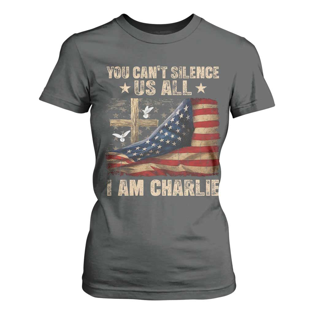 I Am Charlie Kirk T Shirt For Women You Cant Silence Us All Vintage American Flag TS11 Dark Heather Print Your Wear
