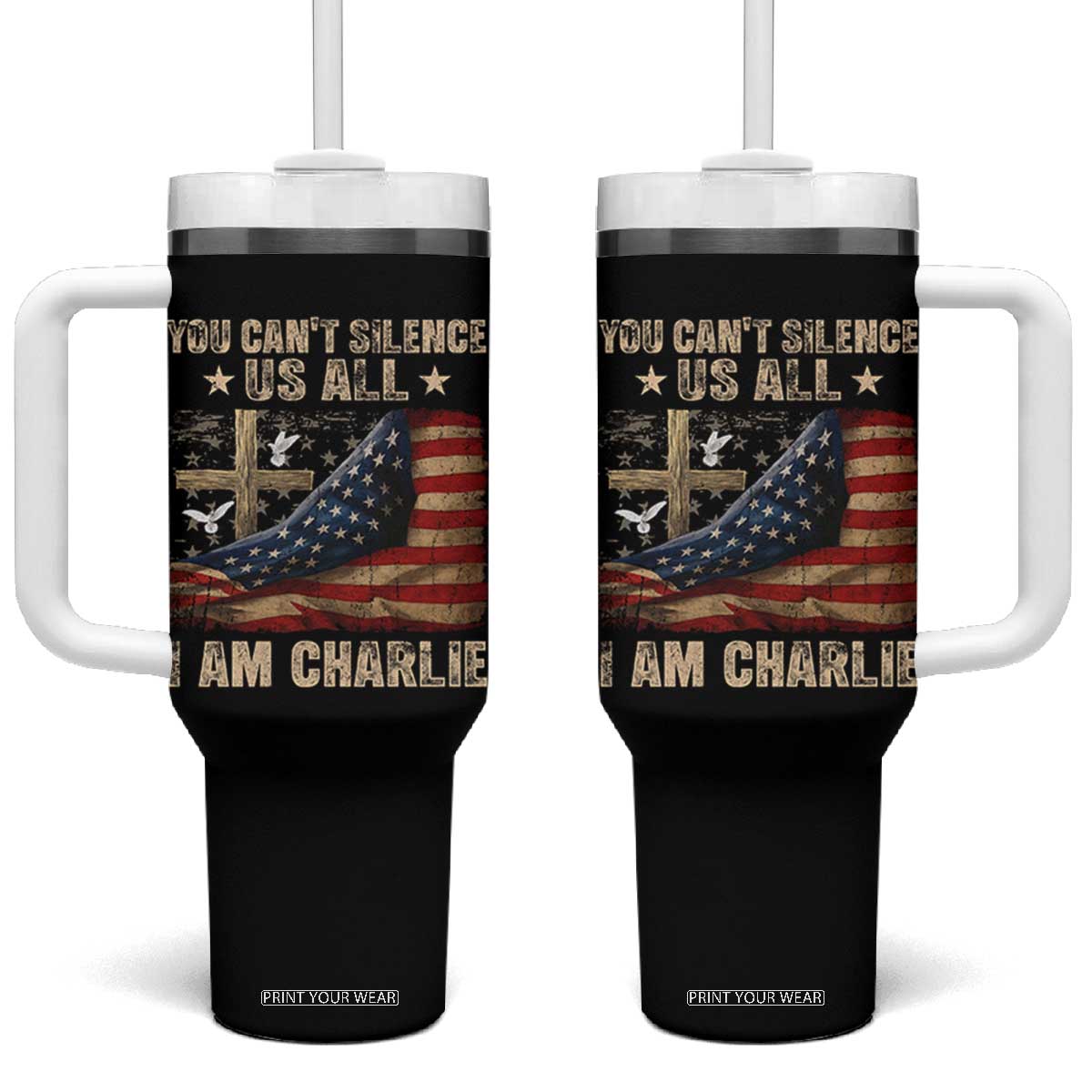 I Am Charlie Kirk Tumbler With Handle You Cant Silence Us All Vintage American Flag TS11 One Size: 40 oz Black Print Your Wear