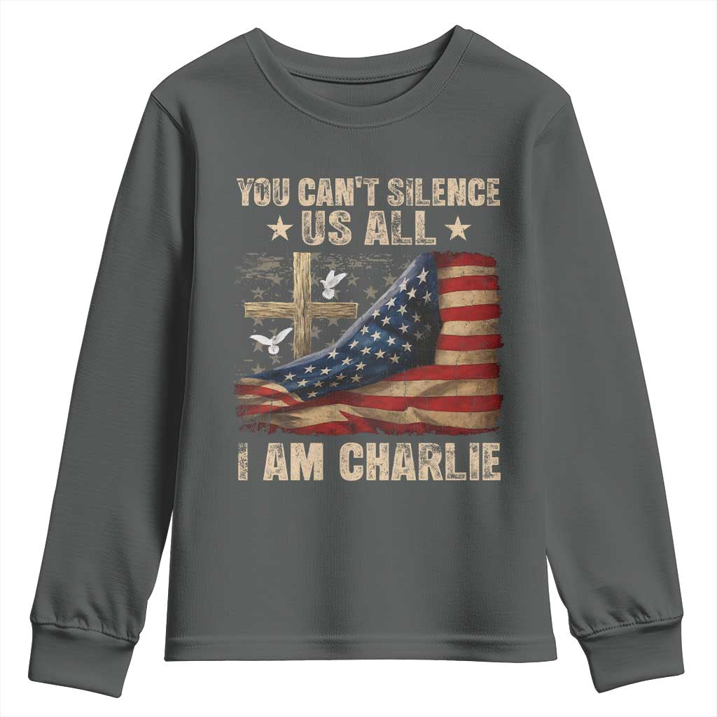 I Am Charlie Kirk Youth Sweatshirt You Cant Silence Us All Vintage American Flag TS11 Dark Heather Print Your Wear