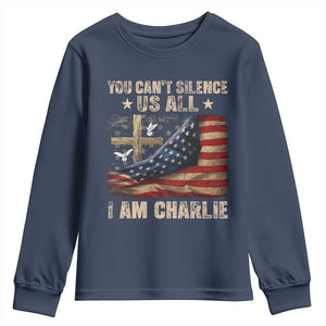 I Am Charlie Kirk Youth Sweatshirt You Cant Silence Us All Vintage American Flag TS11 Navy Print Your Wear