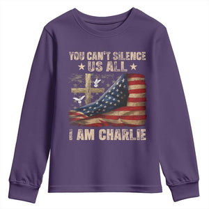 I Am Charlie Kirk Youth Sweatshirt You Cant Silence Us All Vintage American Flag TS11 Purple Print Your Wear