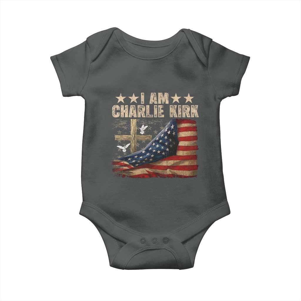 I Am Charlie Kirk Baby Onesie Freedom Vintage American Flag TS11 Dark Heather Print Your Wear