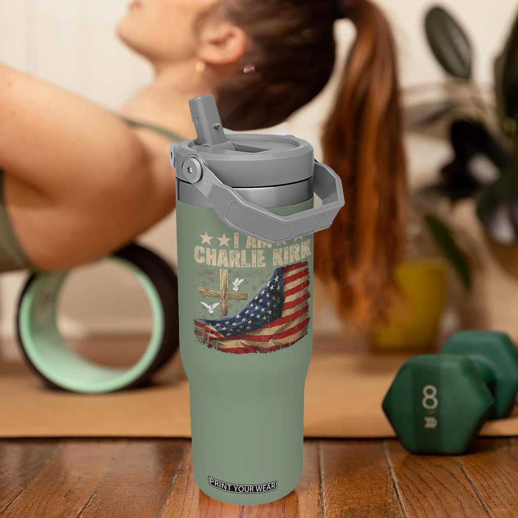 I Am Charlie Kirk Flip Straw Tumbler Freedom Vintage American Flag TS11 One Size: 30 oz Moss Green Print Your Wear