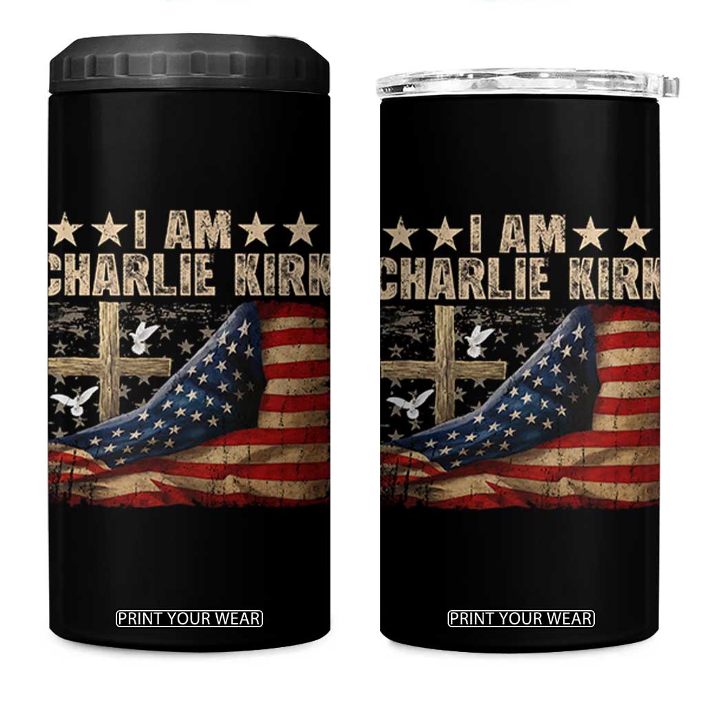 I Am Charlie Kirk 4 in 1 Can Cooler Tumbler Freedom Vintage American Flag TS11 One Size: 16 oz Black Print Your Wear