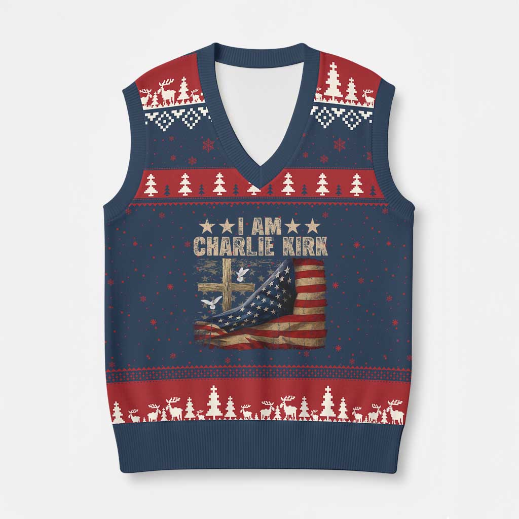 I Am Charlie Kirk V-Neck Knit Sweater Vest Freedom Vintage American Flag TS11 Navy Red Print Your Wear