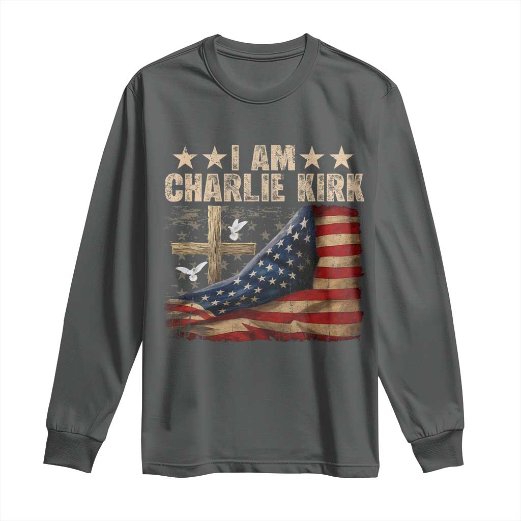 I Am Charlie Kirk Long Sleeve Shirt Freedom Vintage American Flag TS11 Dark Heather Print Your Wear