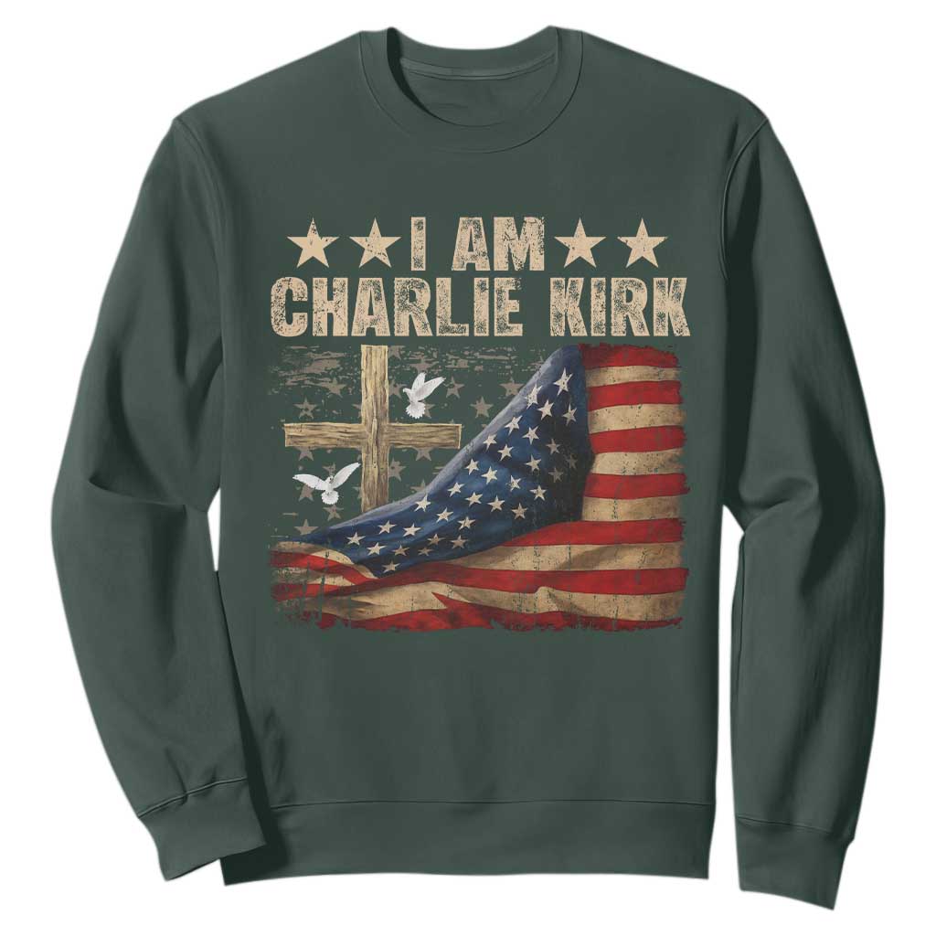 I Am Charlie Kirk Sweatshirt Freedom Vintage American Flag TS11 Dark Forest Green Print Your Wear