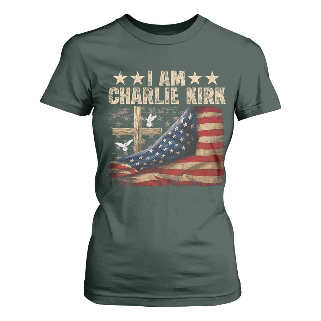 I Am Charlie Kirk T Shirt For Women Freedom Vintage American Flag TS11 Dark Forest Green Print Your Wear