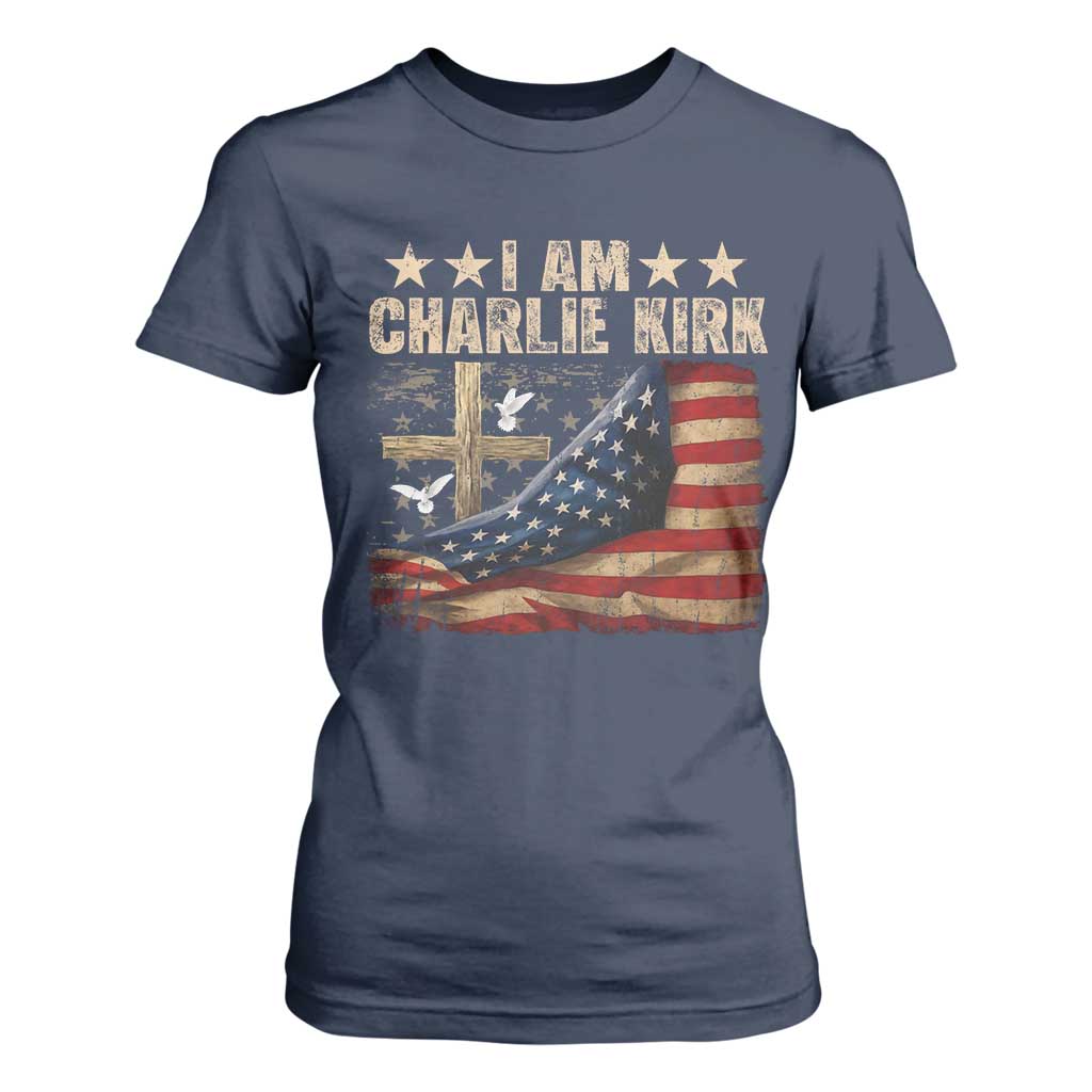 I Am Charlie Kirk T Shirt For Women Freedom Vintage American Flag TS11 Navy Print Your Wear