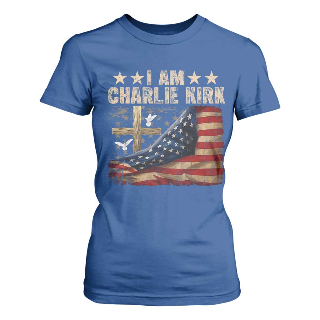 I Am Charlie Kirk T Shirt For Women Freedom Vintage American Flag TS11 Royal Blue Print Your Wear