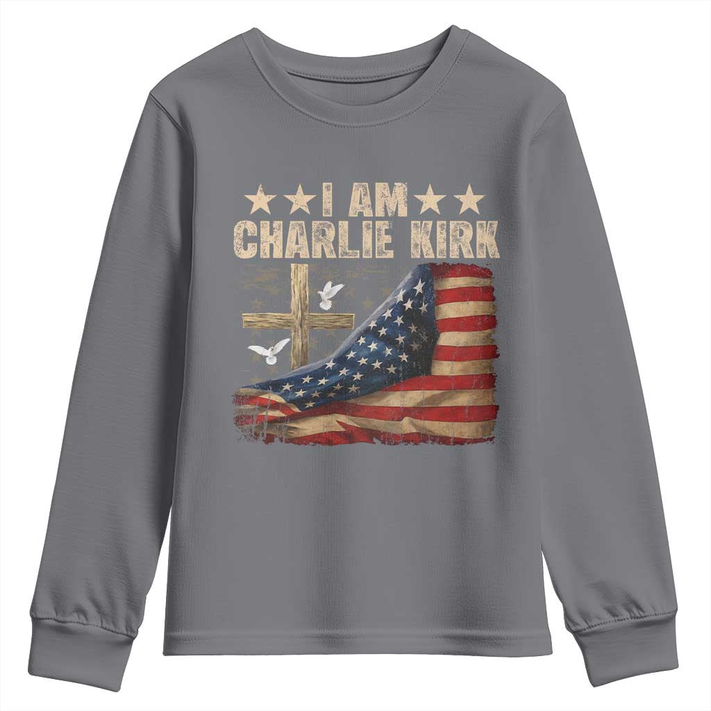 I Am Charlie Kirk Youth Sweatshirt Freedom Vintage American Flag TS11 Charcoal Print Your Wear