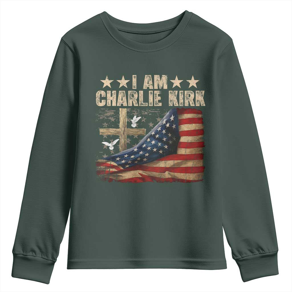 I Am Charlie Kirk Youth Sweatshirt Freedom Vintage American Flag TS11 Dark Forest Green Print Your Wear