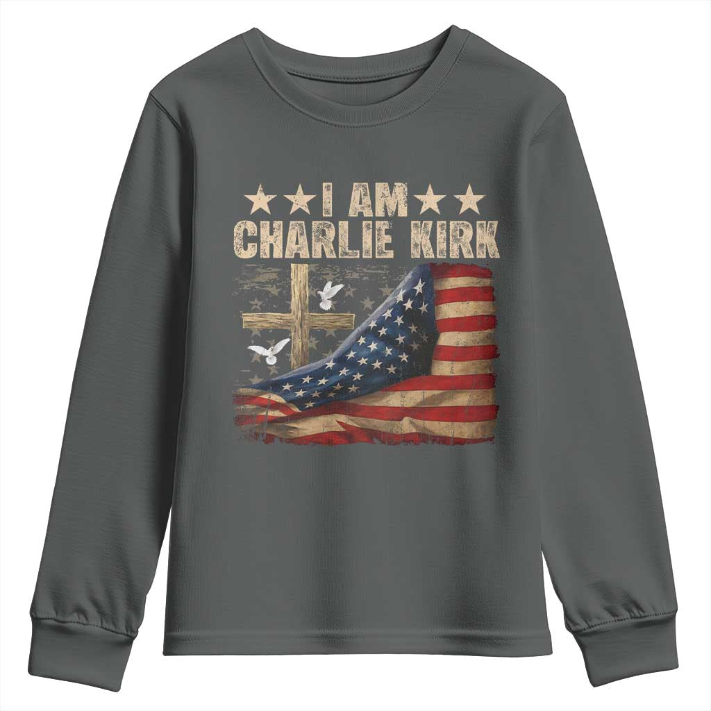 I Am Charlie Kirk Youth Sweatshirt Freedom Vintage American Flag TS11 Dark Heather Print Your Wear