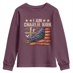I Am Charlie Kirk Youth Sweatshirt Freedom Vintage American Flag TS11 Maroon Print Your Wear