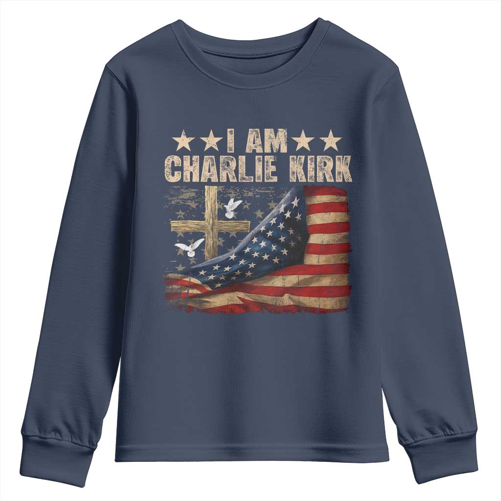 I Am Charlie Kirk Youth Sweatshirt Freedom Vintage American Flag TS11 Navy Print Your Wear