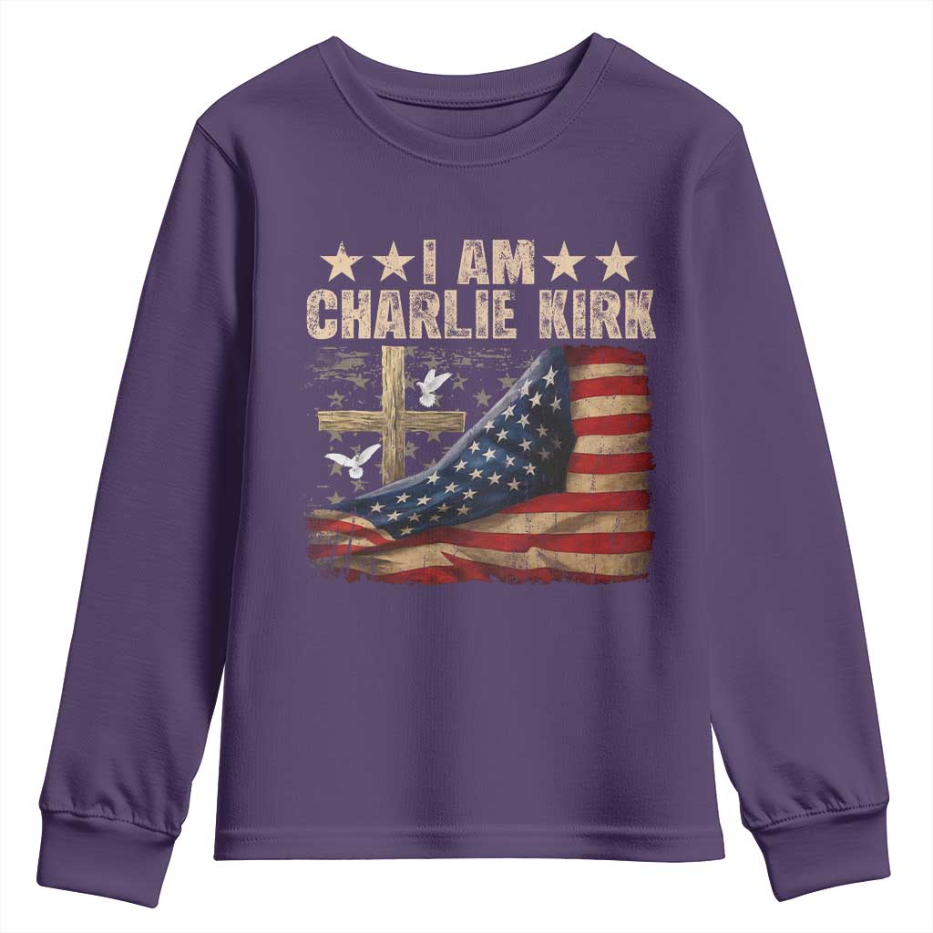 I Am Charlie Kirk Youth Sweatshirt Freedom Vintage American Flag TS11 Purple Print Your Wear