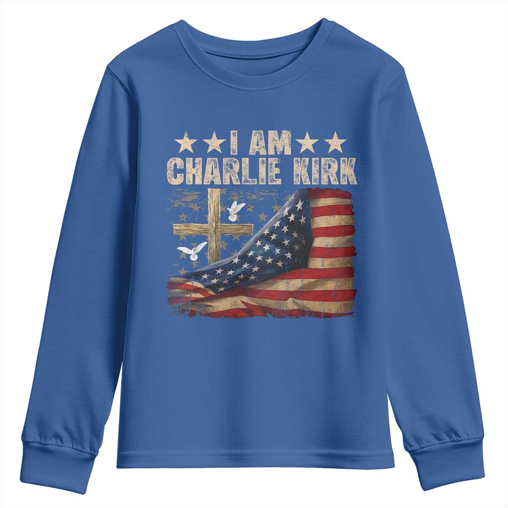I Am Charlie Kirk Youth Sweatshirt Freedom Vintage American Flag TS11 Royal Blue Print Your Wear