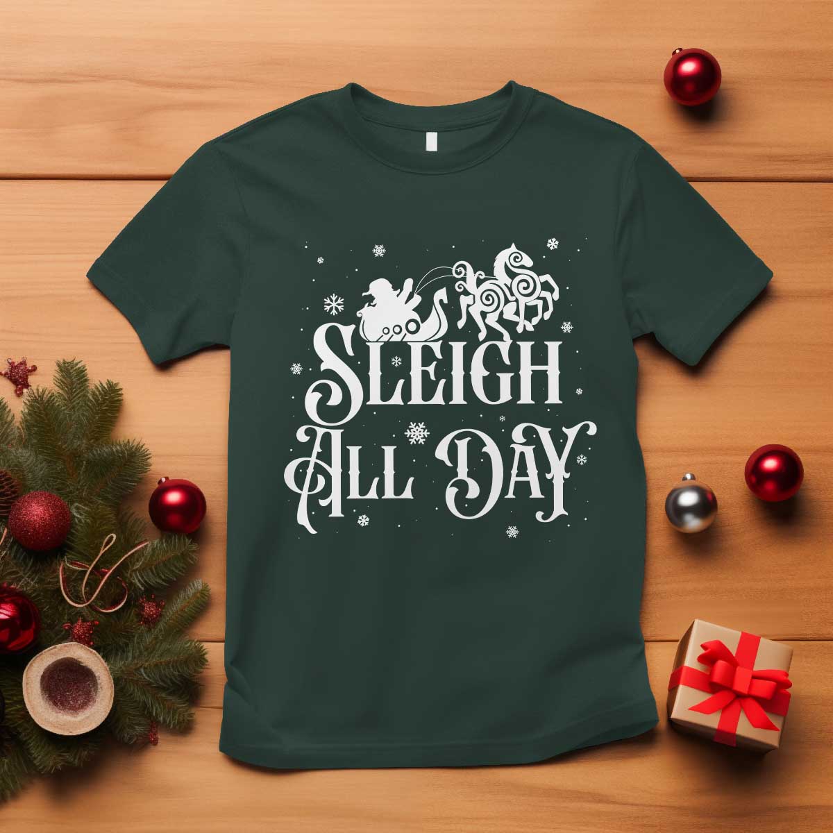 Funny Christmas Viking T Shirt Sleigh All Day Sleipnir Longship Santa TS11 Dark Forest Green Print Your Wear