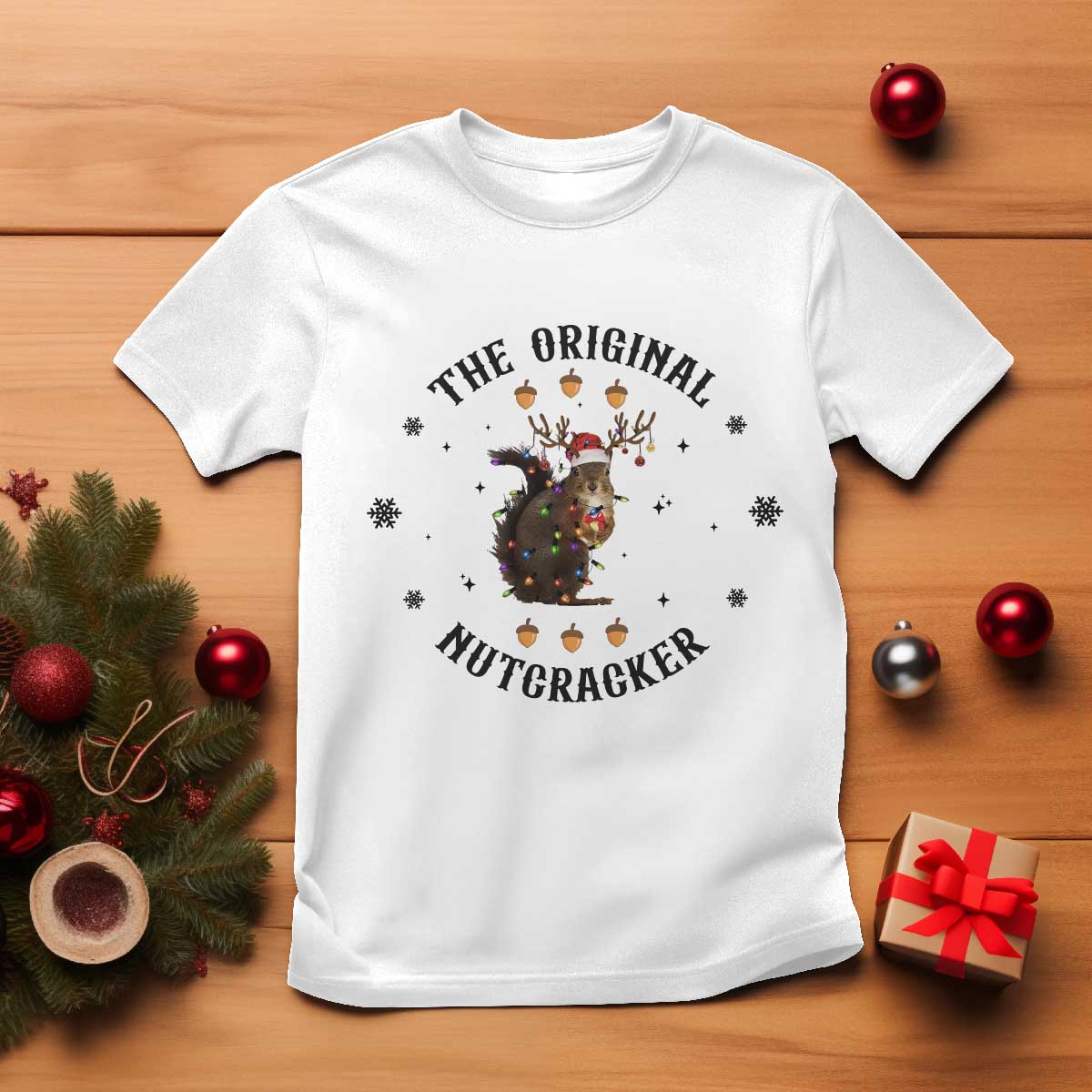 Funny Christmas Squirrel T Shirt The Original Nutcracker Snowflake Santa Hat TS11 White Print Your Wear
