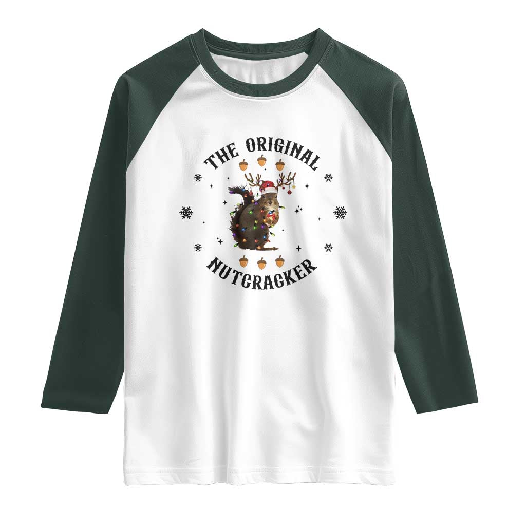Funny Christmas Squirrel Raglan Shirt The Original Nutcracker Snowflake Santa Hat TS11 White Dark Forest Green Print Your Wear