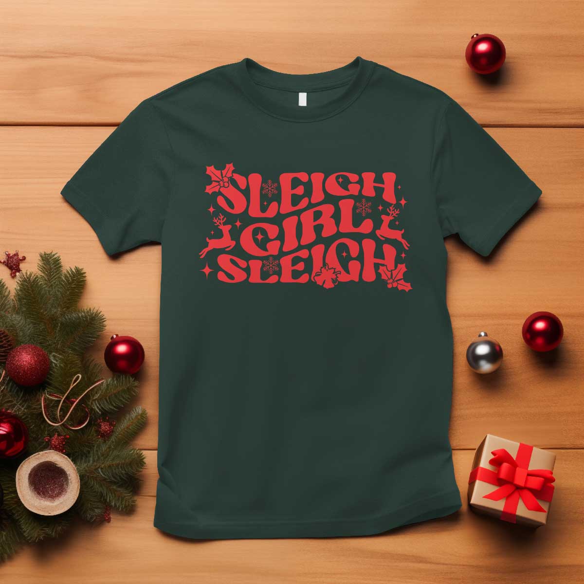 Funny Christmas T Shirt Sleigh Girl Sleigh Reindeer TS11 Dark Forest Green Print Your Wear