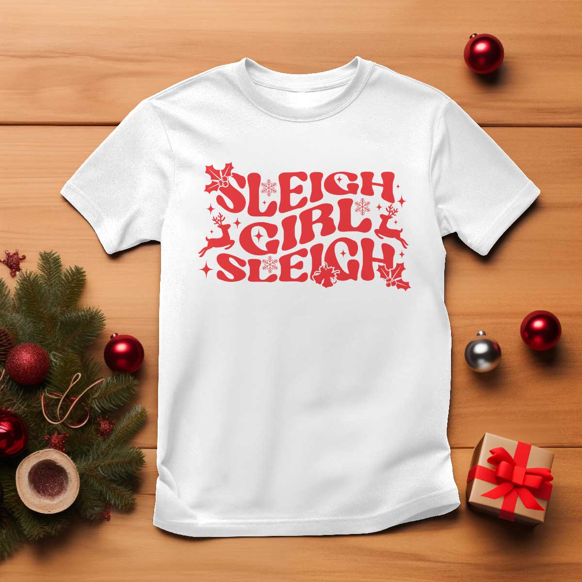 Funny Christmas T Shirt Sleigh Girl Sleigh Reindeer TS11 White Print Your Wear
