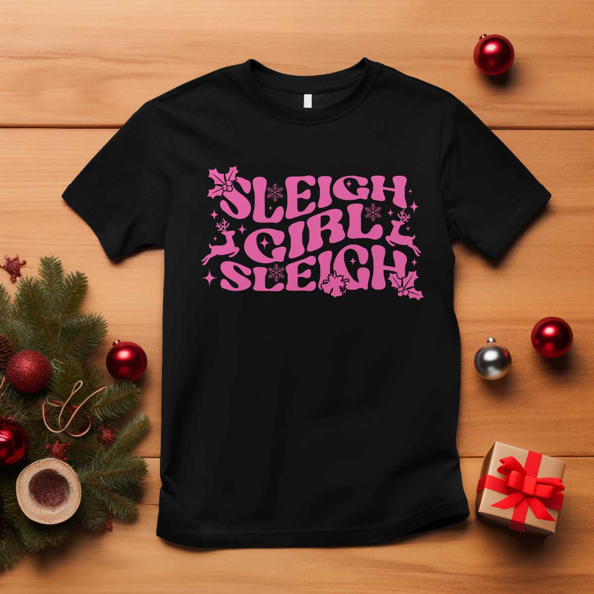 Funny Pink Christmas T Shirt Sleigh Girl Sleigh Reindeer TS11 Black Print Your Wear