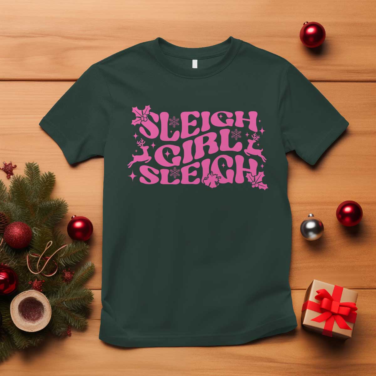 Funny Pink Christmas T Shirt Sleigh Girl Sleigh Reindeer TS11 Dark Forest Green Print Your Wear
