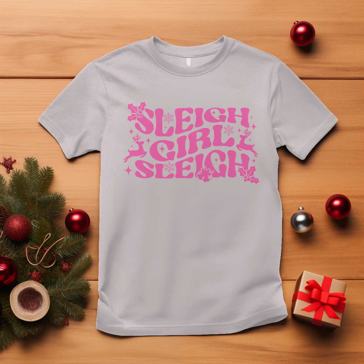Funny Pink Christmas T Shirt Sleigh Girl Sleigh Reindeer TS11 Ice Gray Print Your Wear
