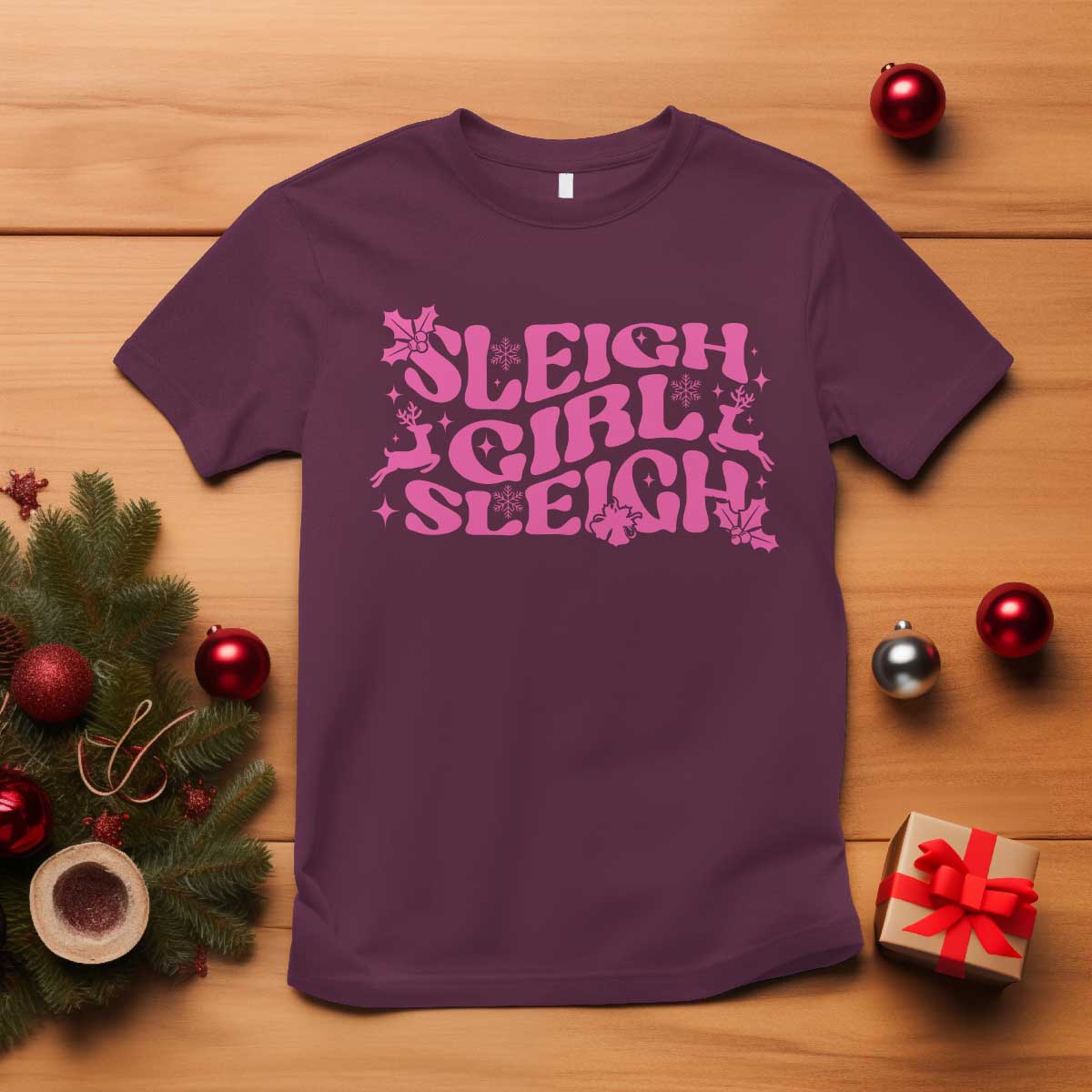 Funny Pink Christmas T Shirt Sleigh Girl Sleigh Reindeer TS11 Maroon Print Your Wear