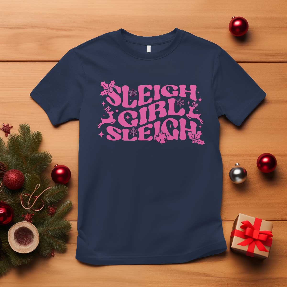 Funny Pink Christmas T Shirt Sleigh Girl Sleigh Reindeer TS11 Navy Print Your Wear