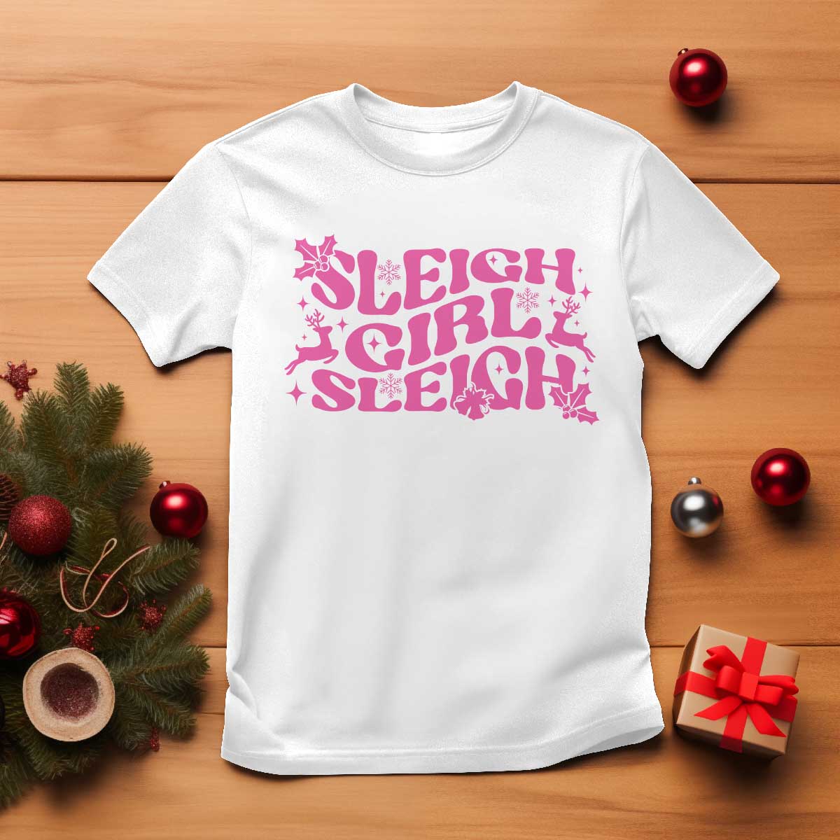 Funny Pink Christmas T Shirt Sleigh Girl Sleigh Reindeer TS11 White Print Your Wear