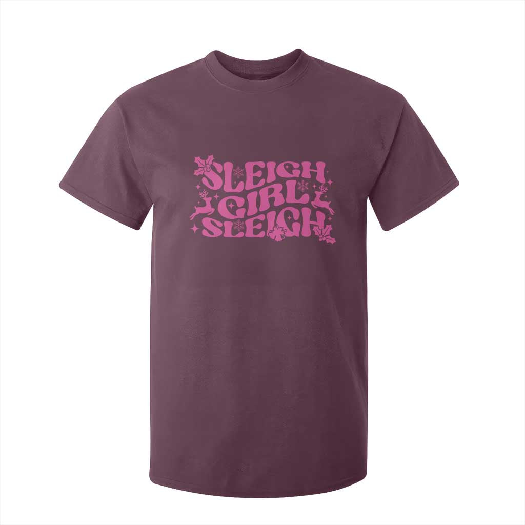 Funny Pink Christmas T Shirt For Kid Sleigh Girl Sleigh Reindeer TS11 Maroon Print Your Wear