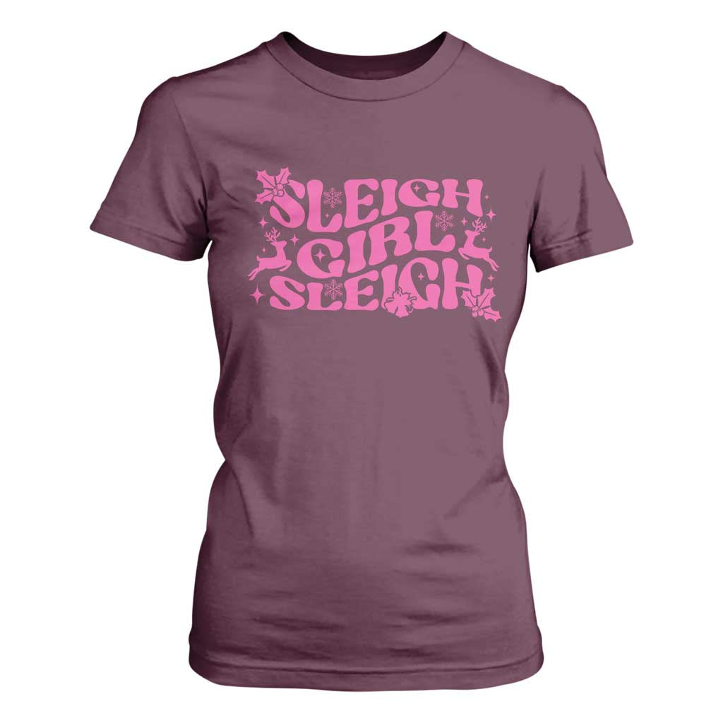 Funny Pink Christmas T Shirt For Women Sleigh Girl Sleigh Reindeer TS11 Maroon Print Your Wear