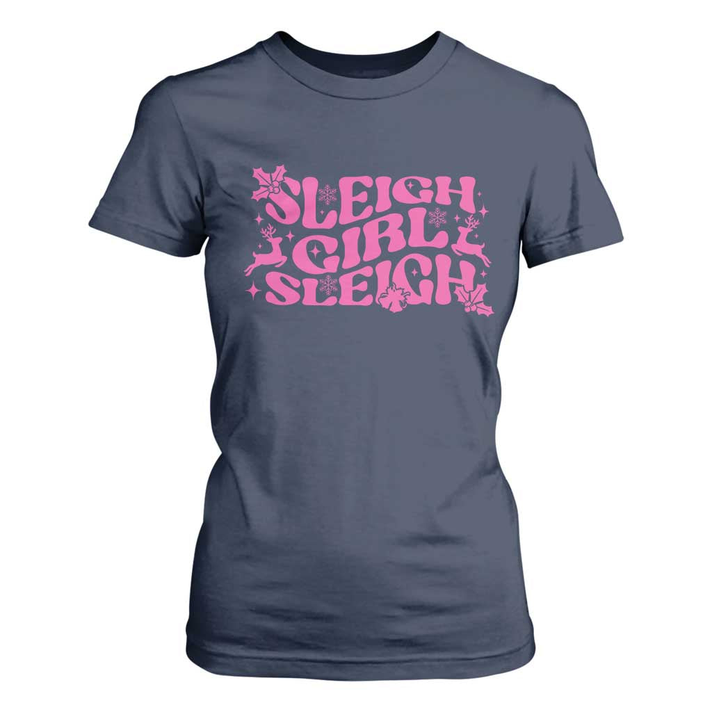 Funny Pink Christmas T Shirt For Women Sleigh Girl Sleigh Reindeer TS11 Navy Print Your Wear