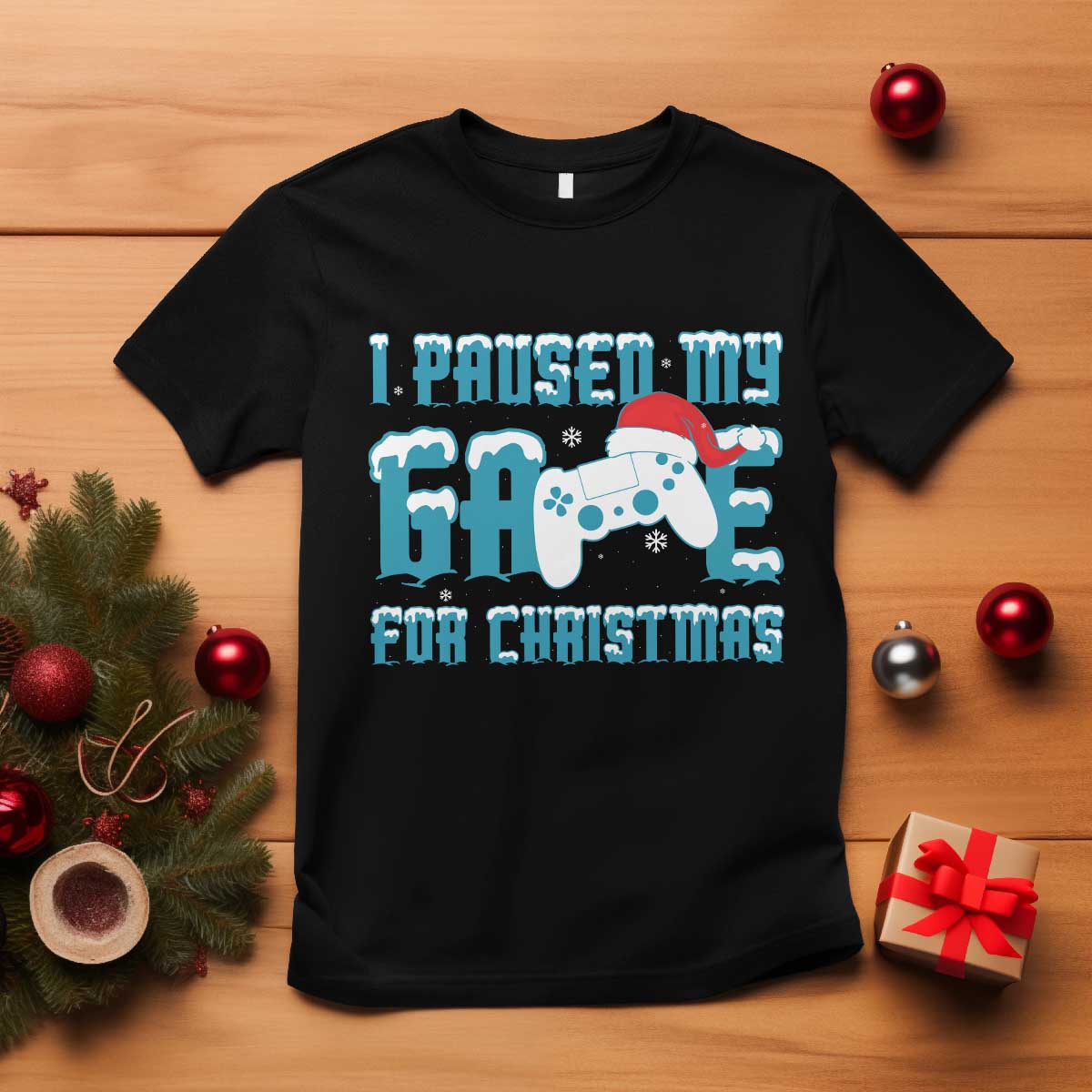 Funny Christmas Gamers T Shirt I Paused My Game For Christmas Snowy Santa Hat TS11 Black Print Your Wear