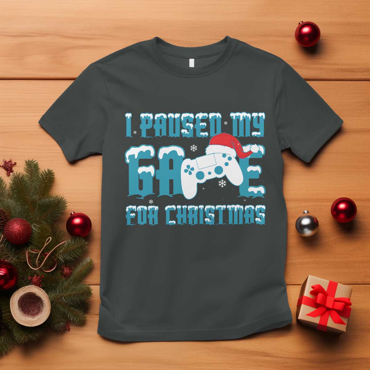 Funny Christmas Gamers T Shirt I Paused My Game For Christmas Snowy Santa Hat TS11 Dark Heather Print Your Wear