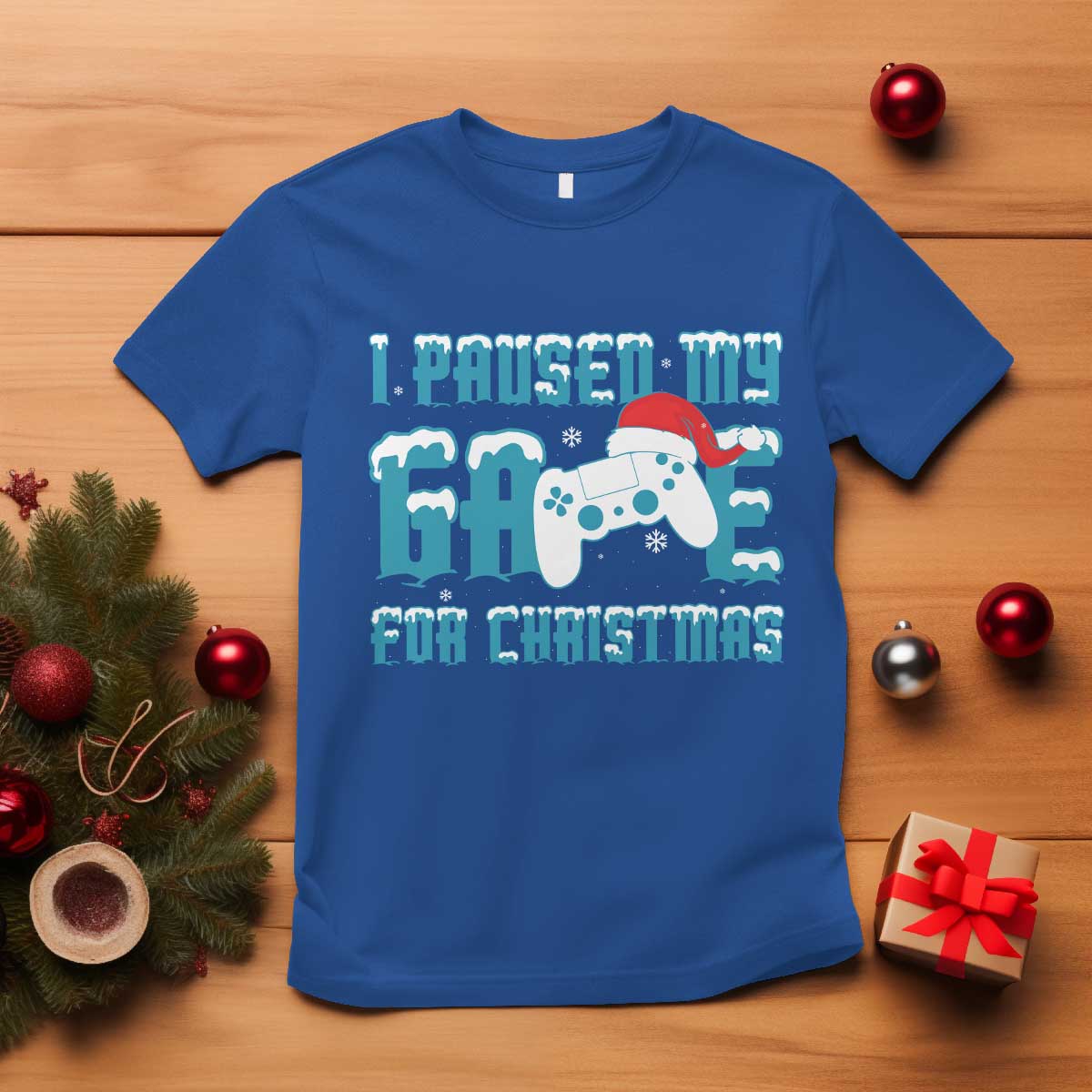 Funny Christmas Gamers T Shirt I Paused My Game For Christmas Snowy Santa Hat TS11 Royal Blue Print Your Wear