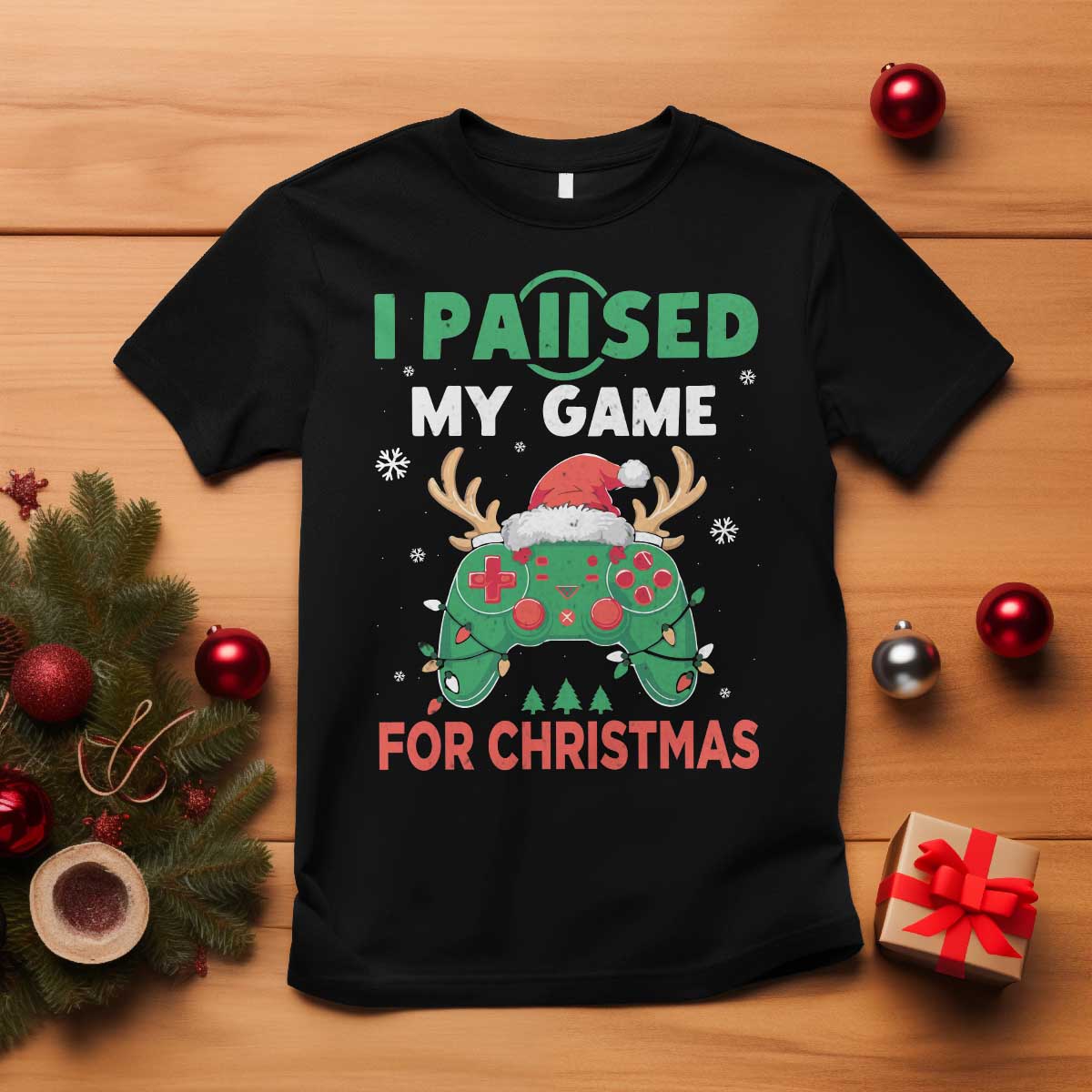 Funny Christmas Gamers T Shirt I Paused My Game For Christmas Santa Hat TS11 Black Print Your Wear